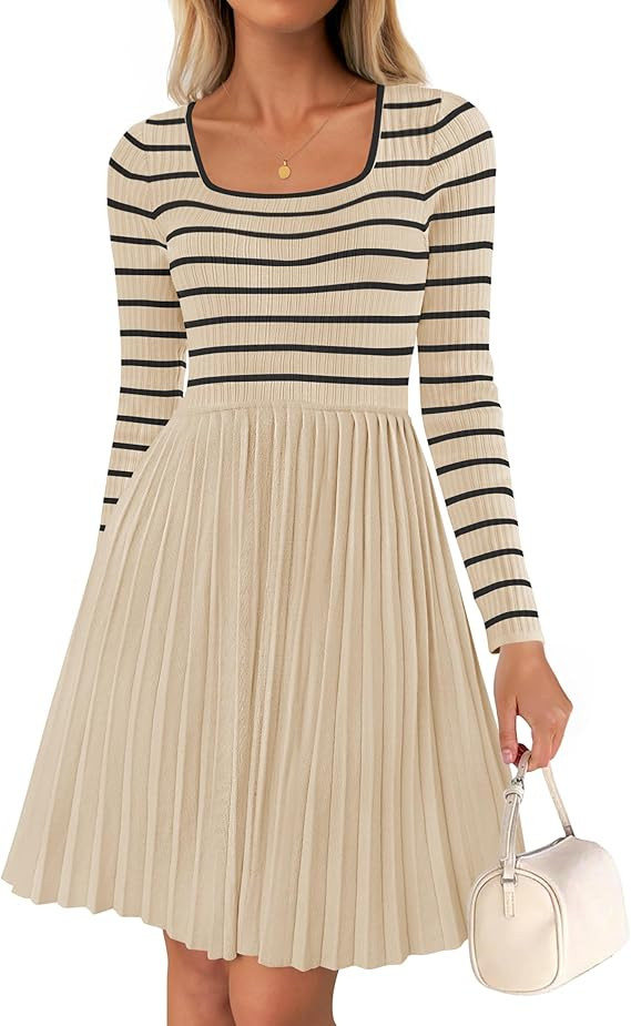ZESICA Women's Long Sleeve Striped Dresses 2024 Square Neck Pleated Ribbed Knit Casual A Line Min... | Amazon (US)