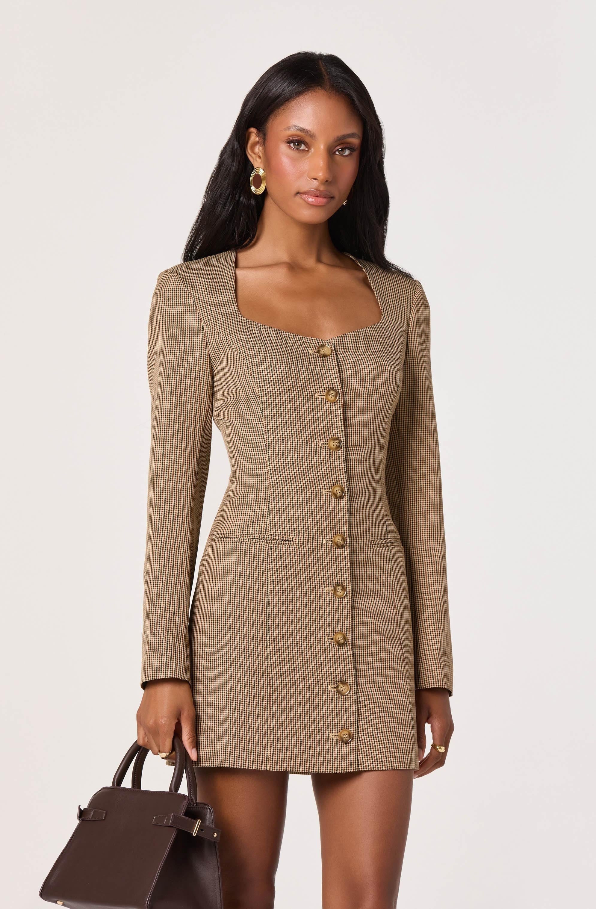 Tailored Sweetheart Mini Dress - Tan houndstooth / M | ASTR The Label (US)