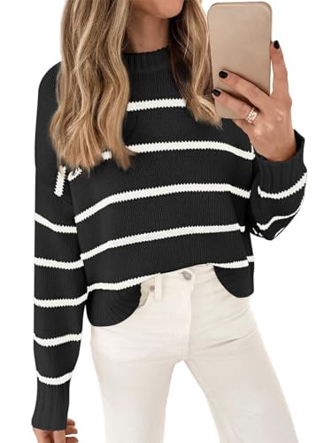 LILLUSORY Womens Cropped Striped Sweater Casual Pullover Ribbed Knit Cute Crewneck Sweaters | Amazon (US)