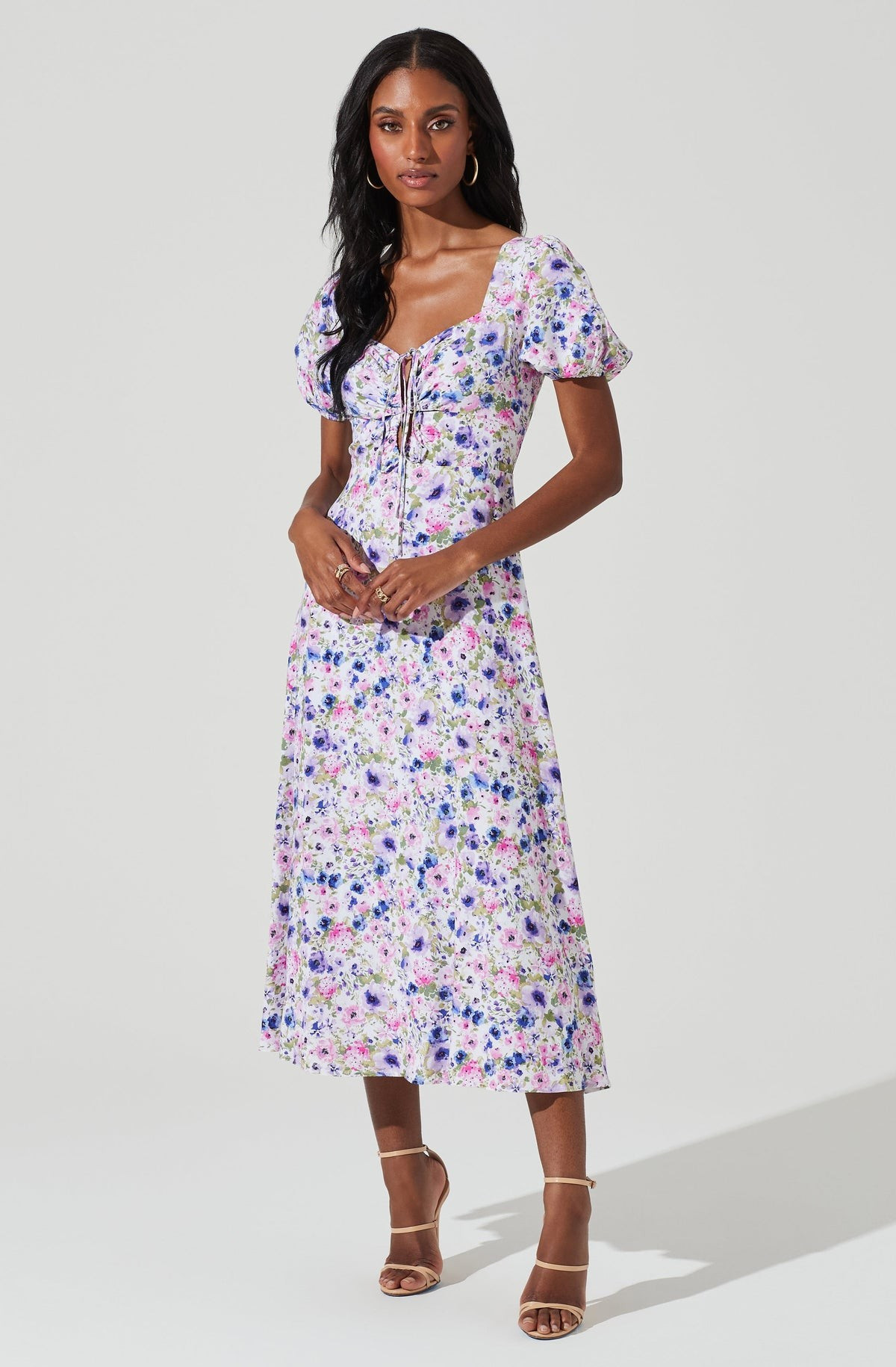 Lace Up Puff Sleeve Floral Midi Dress | ASTR The Label (US)