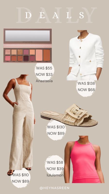 Daily deals on Anastasia eyeshadow palette, J.Crew Factory lady jacket cardigan, Sam Edelman sandals, Abercrombie linen jumpsuit, lululemon tank top 

#LTKSaleAlert