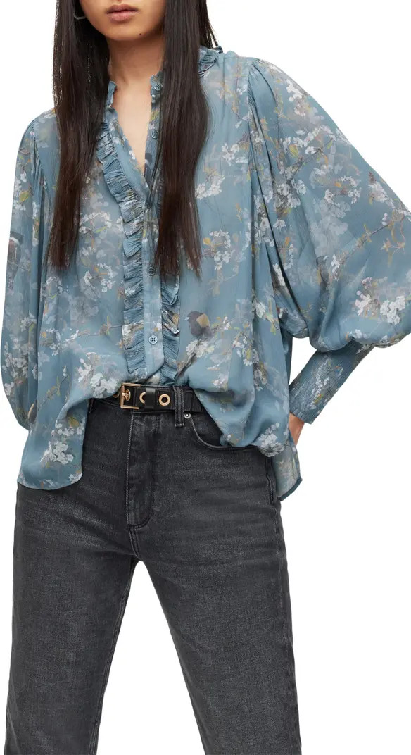 AllSaints Mia Viola Floral Print Semisheer Balloon Sleeve Blouse | Nordstrom | Nordstrom
