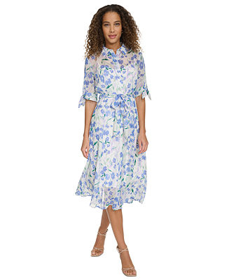 Calvin Klein Women's Floral-Print Button-Front Chiffon Dress - Macy's | Macy's