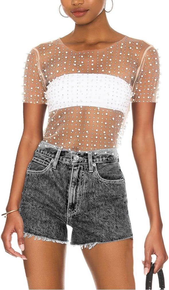 LOFAAC Women Sexy Pearl Rhinestone Beaded Sheer Mesh Crop Tee Shirt Slim Fit Short Sleeve See Thr... | Amazon (US)