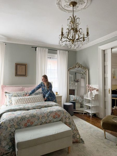 Bedroom- bedding, floral duvet cover, pink quilt, lumbar pillow cover, silver floor mirror, crystal chandelier, white linen curtains, blue velvet storage bench 

#LTKhome