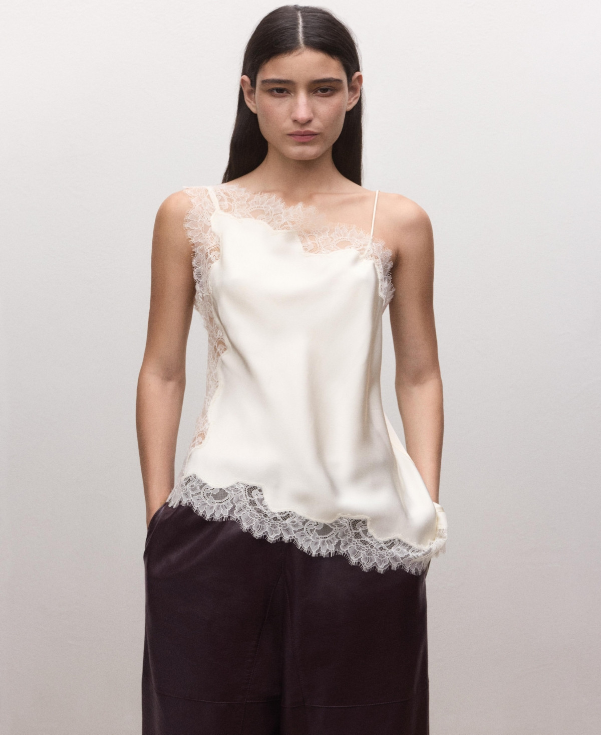 Mango Women's Asymmetric Satin Lace Top - Ecru | Macy's