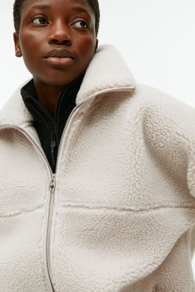 High-Neck Pile Jacket - Off White - Ladies | H&M GB | H&M (UK, MY, IN, SG, PH, TW, HK)