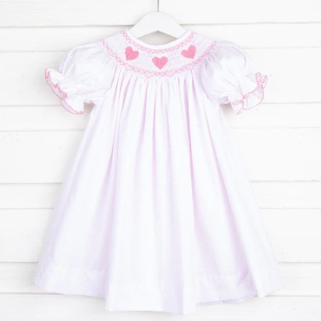 Heart Smocked Bishop White and Pink Dot | Classic Whimsy
