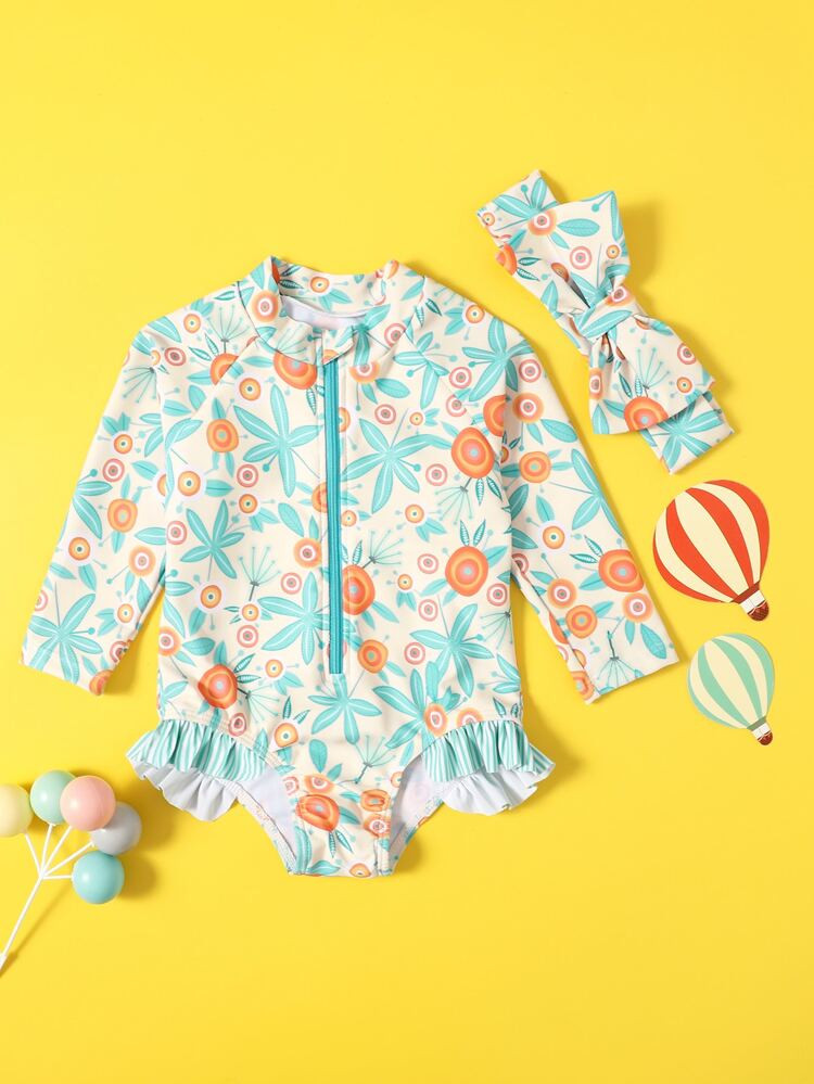 Baby Girl Leaf Graphic Ruffle One Piece Swimsuit & Headband | SHEIN