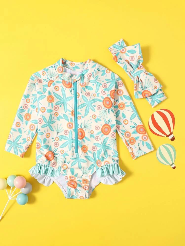 Baby Girl Leaf Graphic Ruffle One Piece Swimsuit & Headband | SHEIN