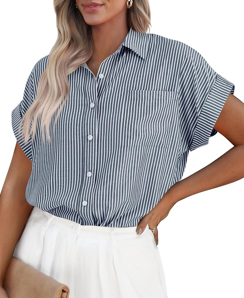 PRETTYGARDEN Striped Shirts Button Up Tops for Women 2024 Summer Short Sleeve V Neck Dressy Casua... | Amazon (US)