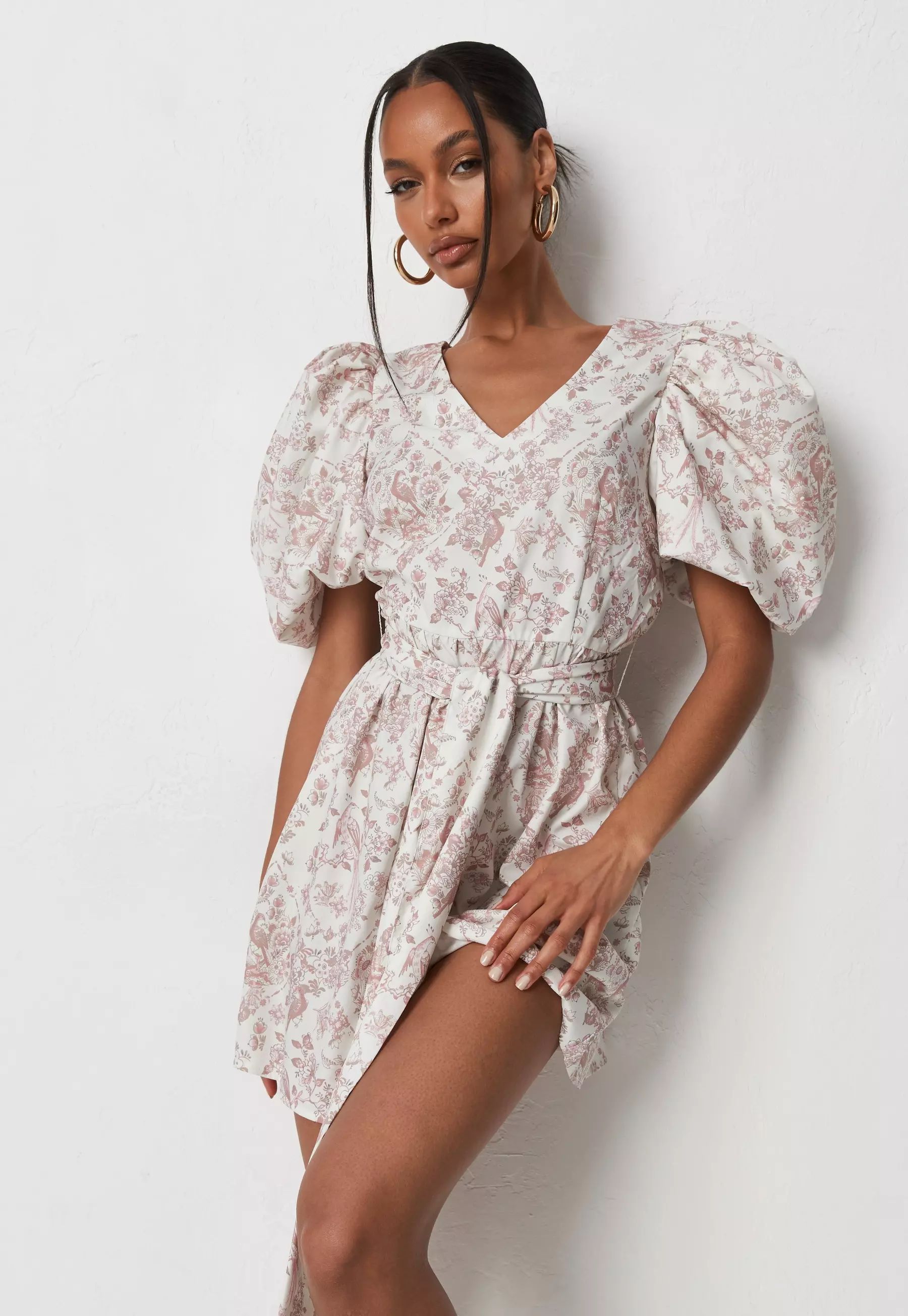 Petite Pink Printed Extreme Puff Sleeve Mini Dress | Missguided (US & CA)