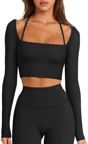 LASLULU Womens Sexy Square Neck Crop Top Ribbed Seamless Long Sleeve Workout Tops Halter Neck Ath... | Amazon (US)