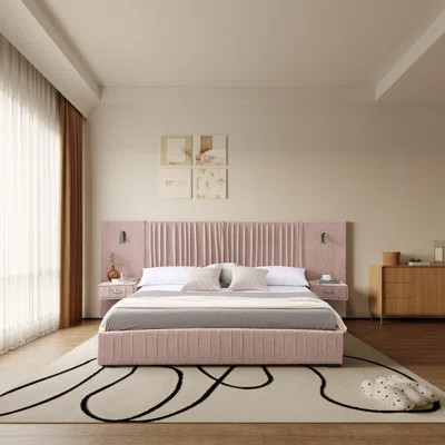 Upholstered Platform Bed With Pleated Chenille Headboard, Integrated Bedside Tables, Adjustable Lamps, And Stable Slat Support – No Box Spring Needed | Wayfair North America
