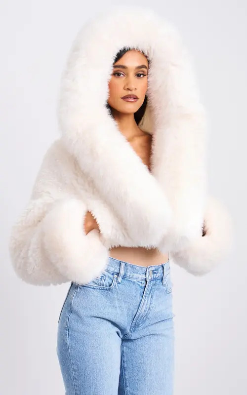 Miss Circle Kali Statement Cropped Faux Fur Hoodie Jacket in White at Nordstrom, Size Large | Nordstrom