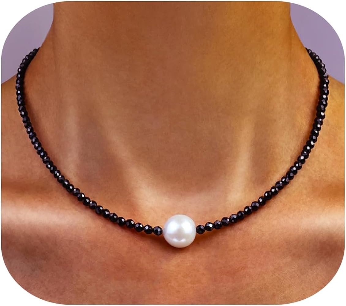 Single Pearl Choker Pendant Necklaces for Women, Natural Gemstone Womens Black Stone Beaded Choke... | Amazon (US)