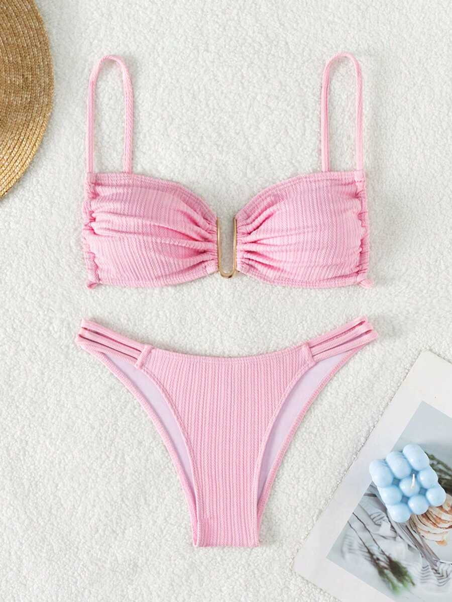 SHEIN Swim Mod Summer Beach Plain Ruched Bust Bikini Set | SHEIN