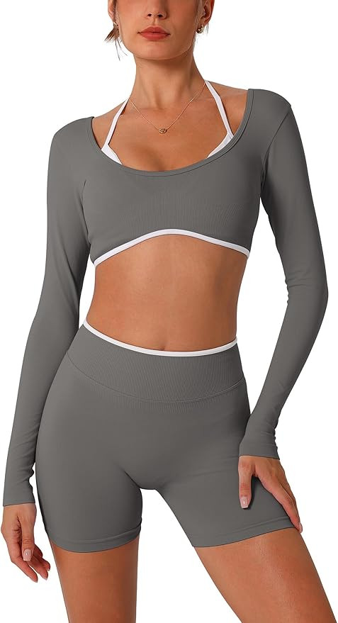 ABOCIW Workout Sets for Women 2 Piece Seamless Color Block Long Sleeve Crop Top Scrunch Butt High... | Amazon (US)