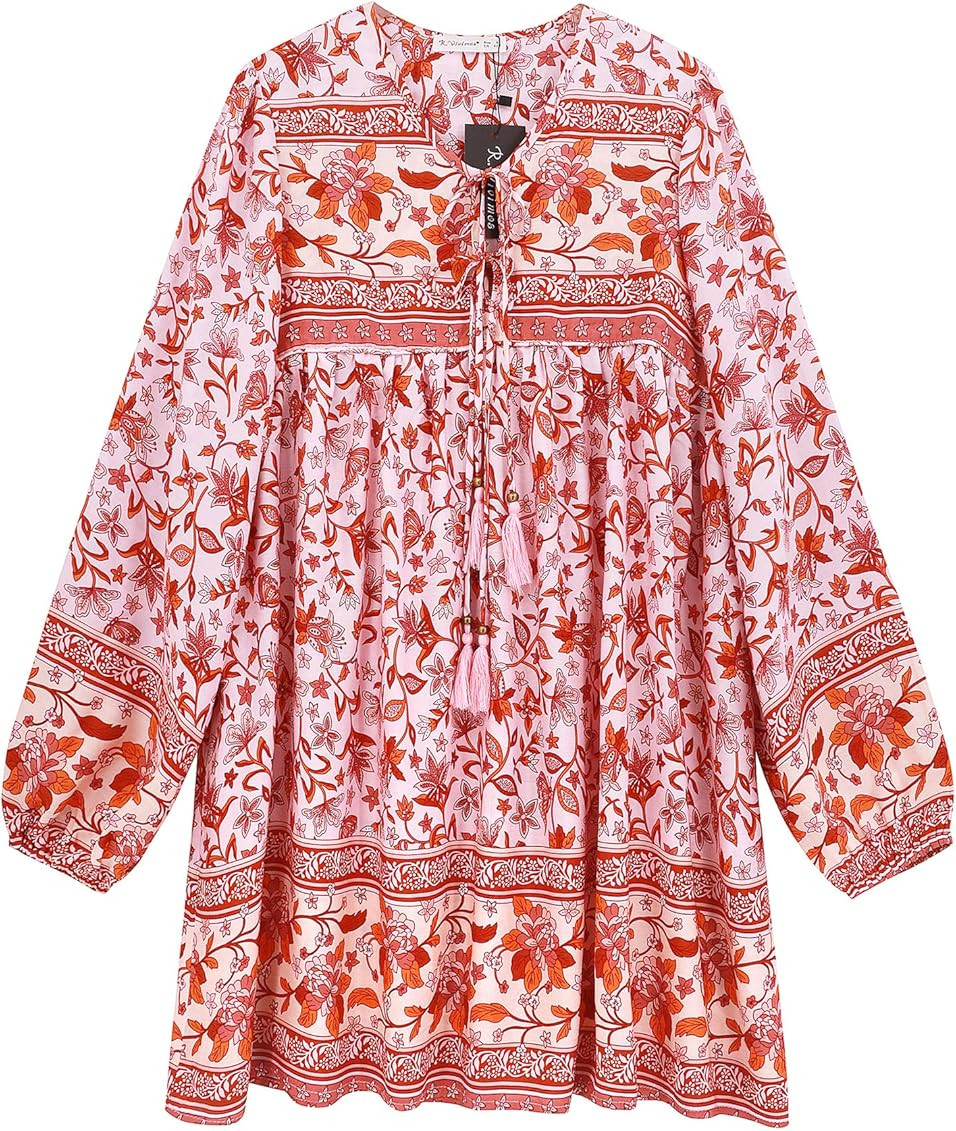 R.Vivimos Womens Long Sleeve Floral Casual Print Cotton Mini Tunic Dress | Amazon (US)
