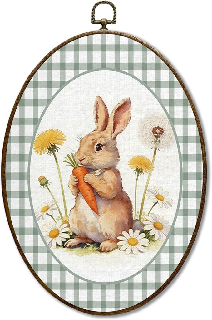 BNHJKFQZ Spring Floral Easter Bunny Oval Wall Art Decor Framed 8.7 x 11.4 Inches,Green Stripes Ru... | Amazon (US)