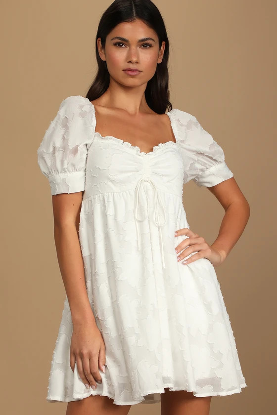 Never Forget Me White Floral Ruched Babydoll Mini Dress | Lulus (US)