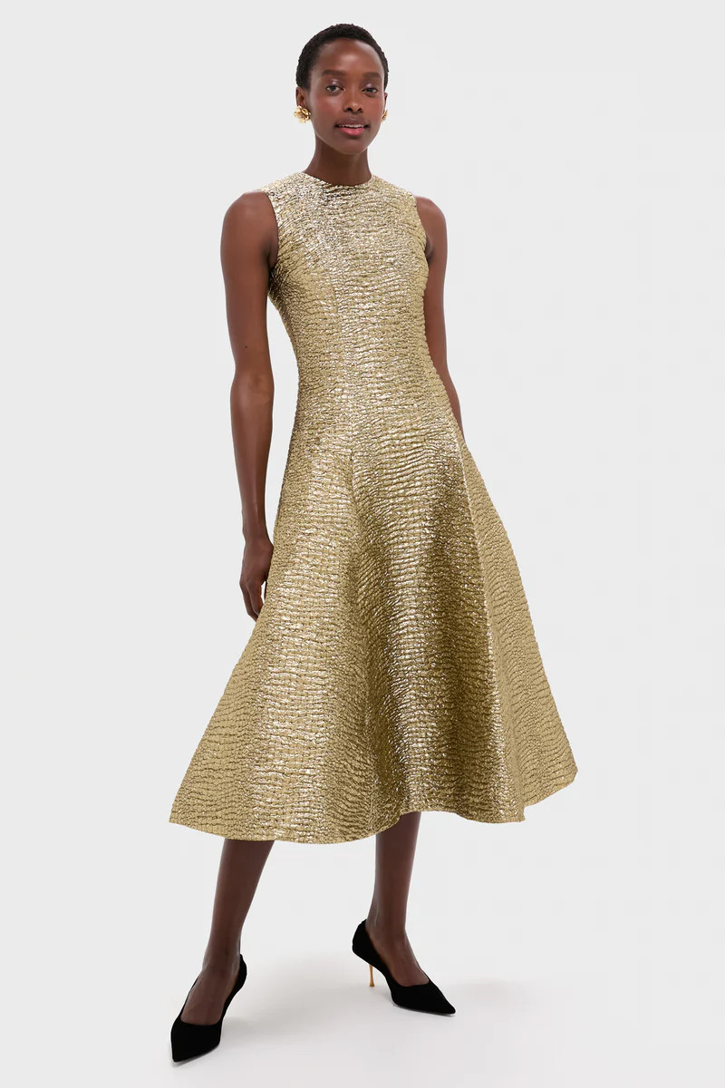 Gold Metallic Seersucker Mara Midi Dress | Tuckernuck (US)