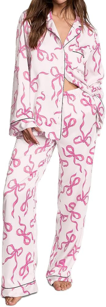 Womens Valentine's Day Pajamas Sets 2 Piece Outfits Graphic Print Button Up Shirt Shorts with Bow... | Amazon (US)