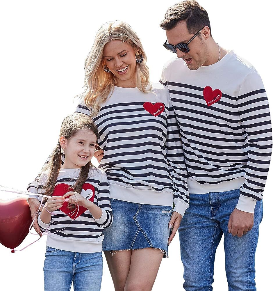 Family Matching Outfits Stripe Long Sleeve Sweatshirt Heart Pattern Mommy and Me Outfits Casual P... | Amazon (US)