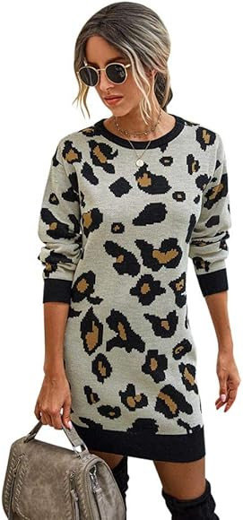 Tmore Women Long Sleeve Sweater Dresses Leopard Knit Sweatshirt Midi Fall Winter Dress | Amazon (CA)