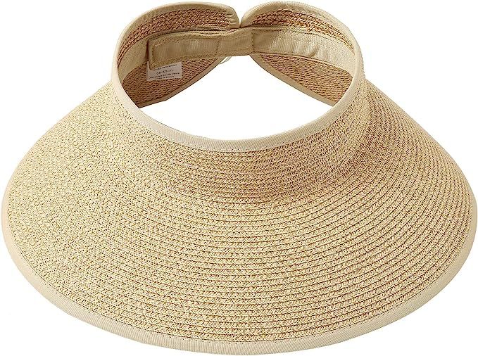 Lanzom Women Packable Hat Sun Visor Hats Wide Brim Straw Roll Up Ponytail Summer Beach Hat UPF 50 | Amazon (US)