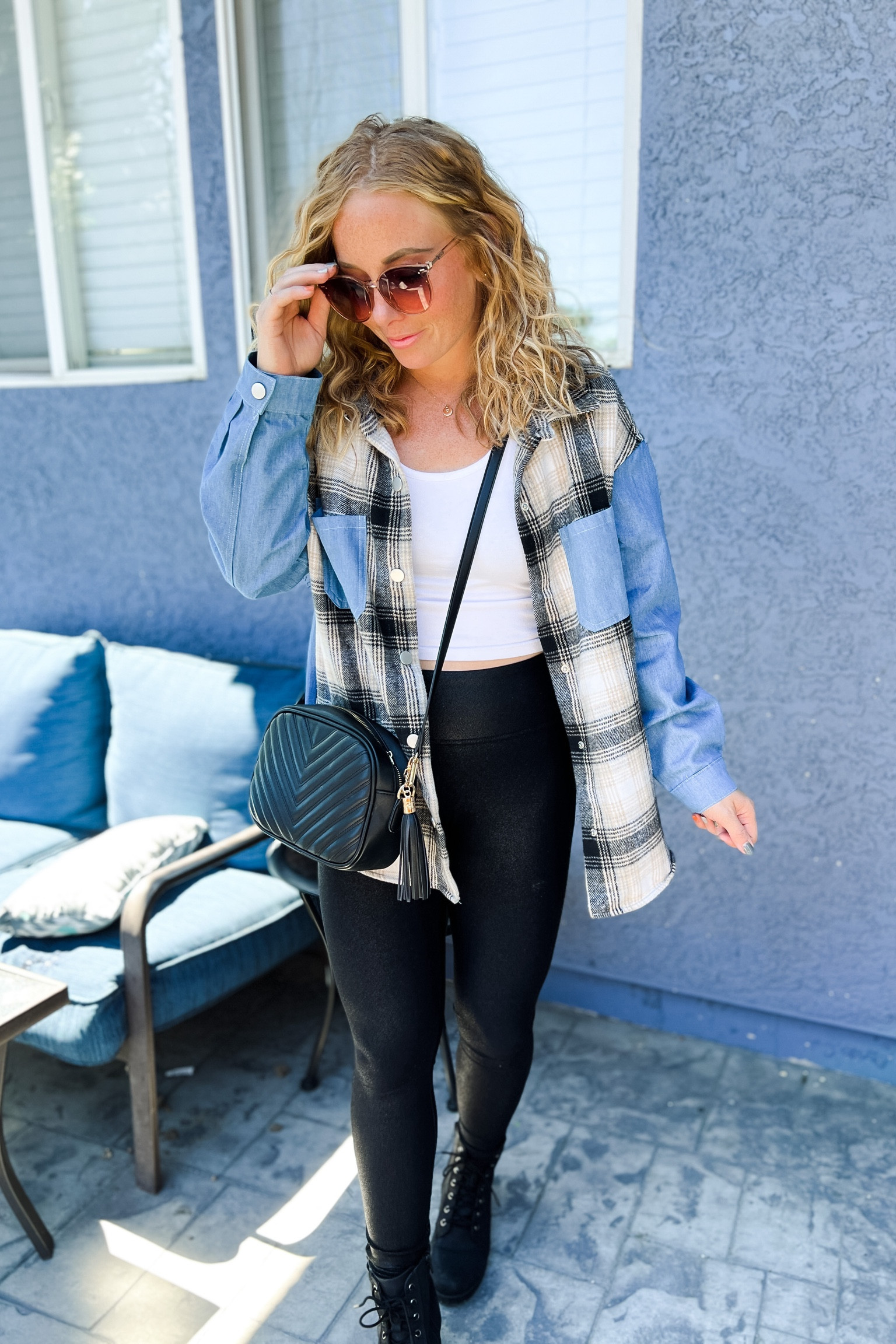 Denim and plaid button down shirt with a white crop tank top, faux leather leggings, black crossbody bag, and black ankle boots.  Everything fits TTS

//Fall outfits 2024, fall fashion finds, fall favorites amazon,petite amazon fashion, casual mom outfit ideas, fall outfit amazon, amazon outfit ideas, casual outfit ideas, outfit inspo, casual fashion, amazon fall fashion, amazon casual outfit fall, cute casual outfit, outfit ideas fall, amazon shoes, amazon bag, purse, size 4-6, casual fall outfits, casual outfit ideas everyday, fall tops, fall fashion, fall bags, autumn outfit, #fall #falloutfits 

#LTKStyleTip #LTKFindsUnder50 #LTKShoeCrush