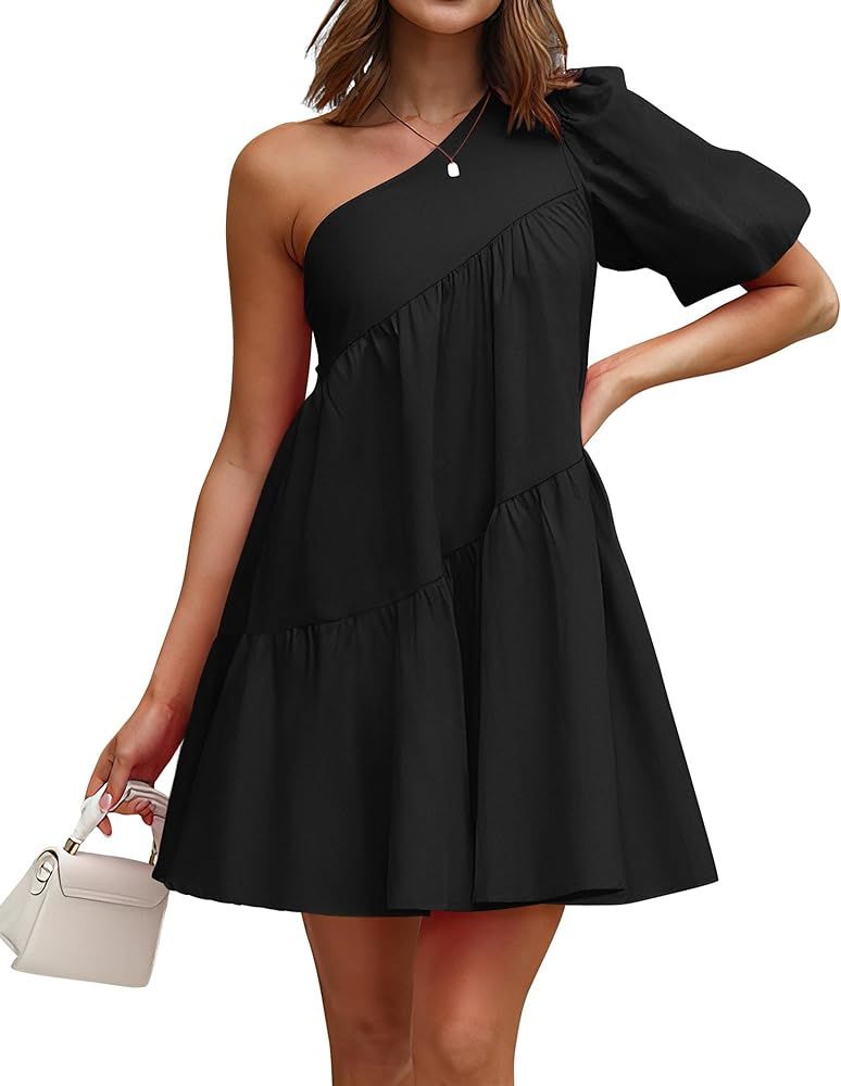 KIRUNDO Womens 2024 Summer Casual One Shoulder Mini Babydoll Dress Puff Sleeve Loose Tiered A Lin... | Amazon (US)