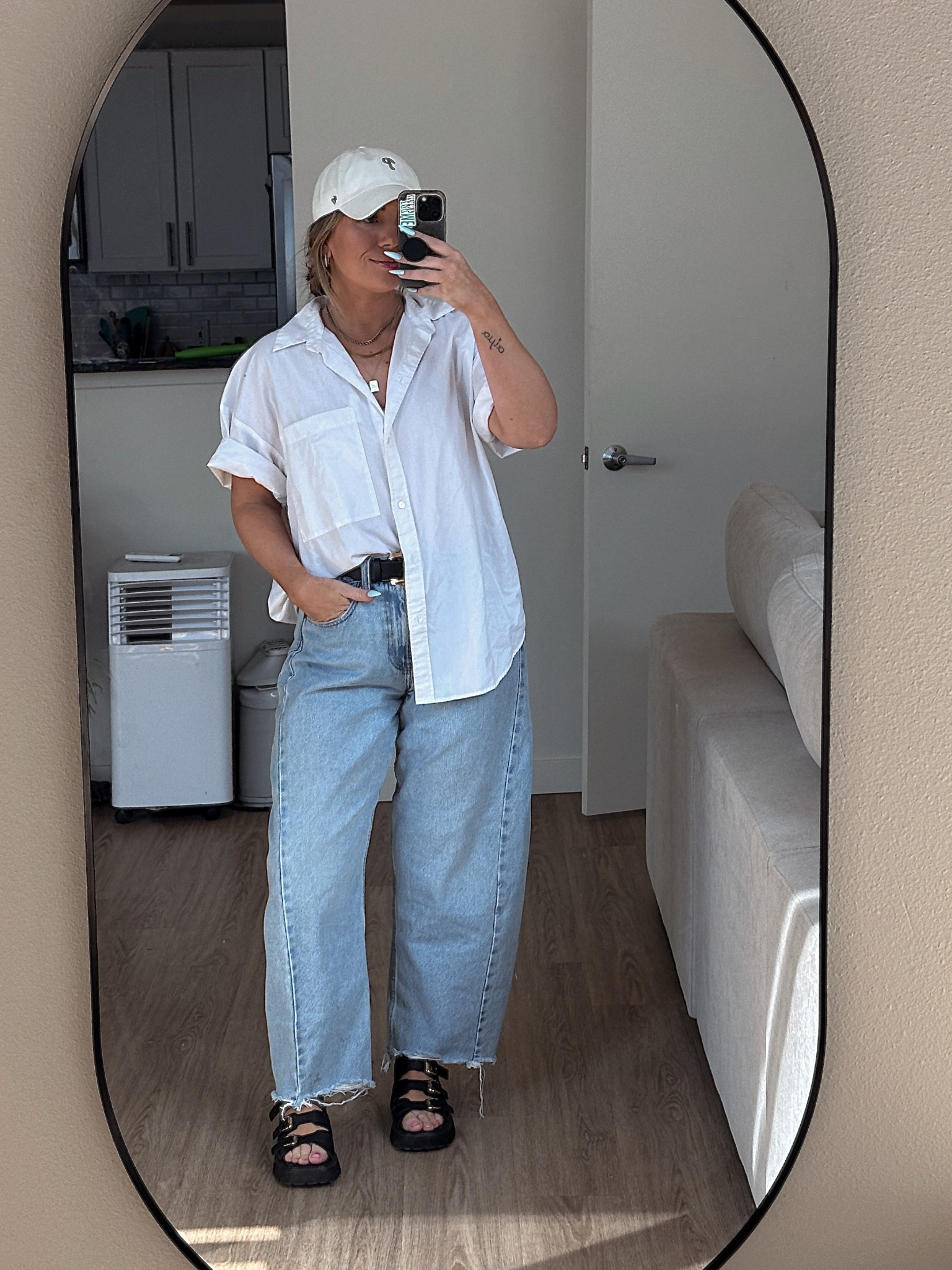 shirt and jeans - abercrombie 
belt - lulus
sandals - amazon
hat - 47

#LTKSeasonal #LTKWorkwear #LTKStyleTip