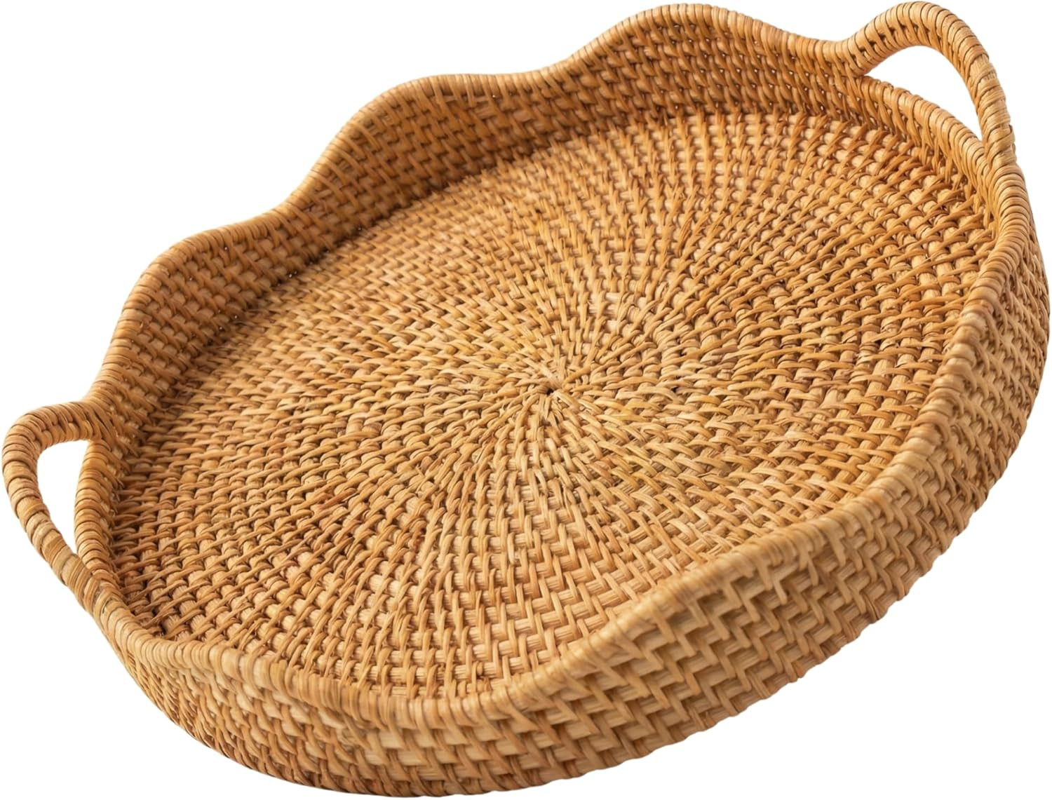 14" Round Scalloped Rattan Tray | Handwoven Decorative Tray with Handles for Coffee Table, Ottoma... | Amazon (US)