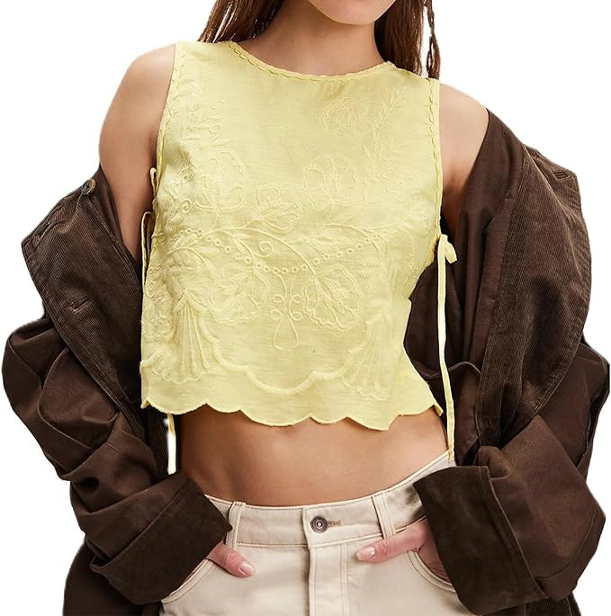 Embroidery Flower Tank Tops for Women Y2K Sleeveless Square Neck Tie Up Cropped Vest Summer Chic ... | Amazon (US)