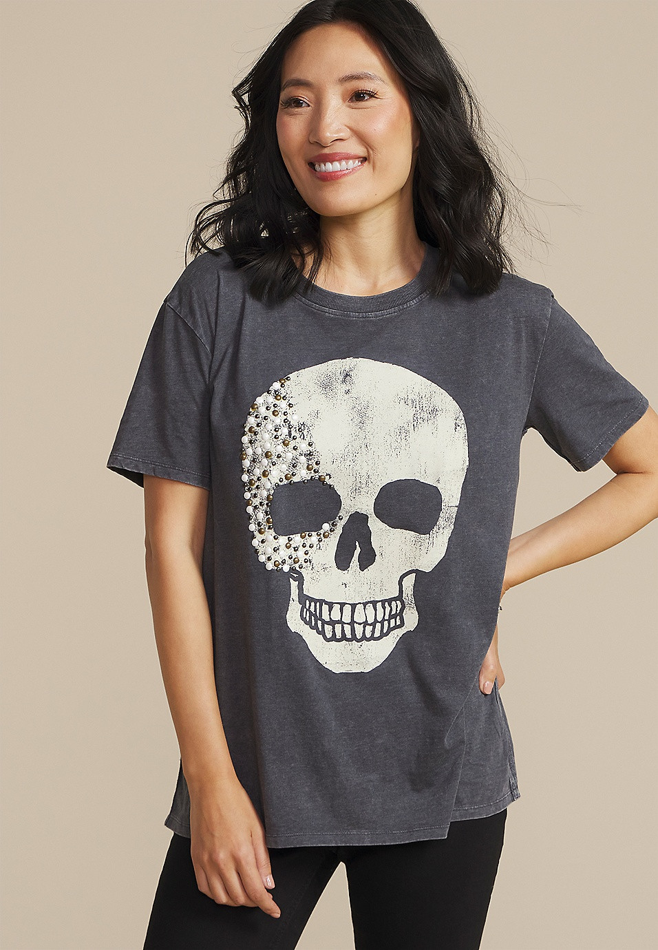 Embellished Skull Oversized Fit Graphic Tee | Maurices