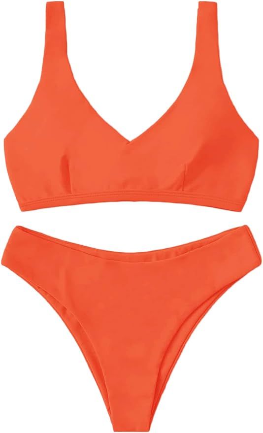 SheIn Women's Summer 2 Pieces Tropical Lace Up Bra Bottom Bikini Swimwear Set | Amazon (US)