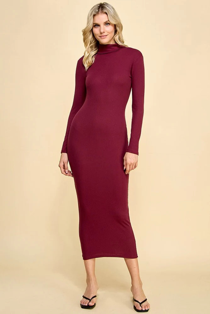 Burgundy Turtle Neck Ribbed Fitted Long Sleeve Maxi Dress | PinkBlush Maternity
