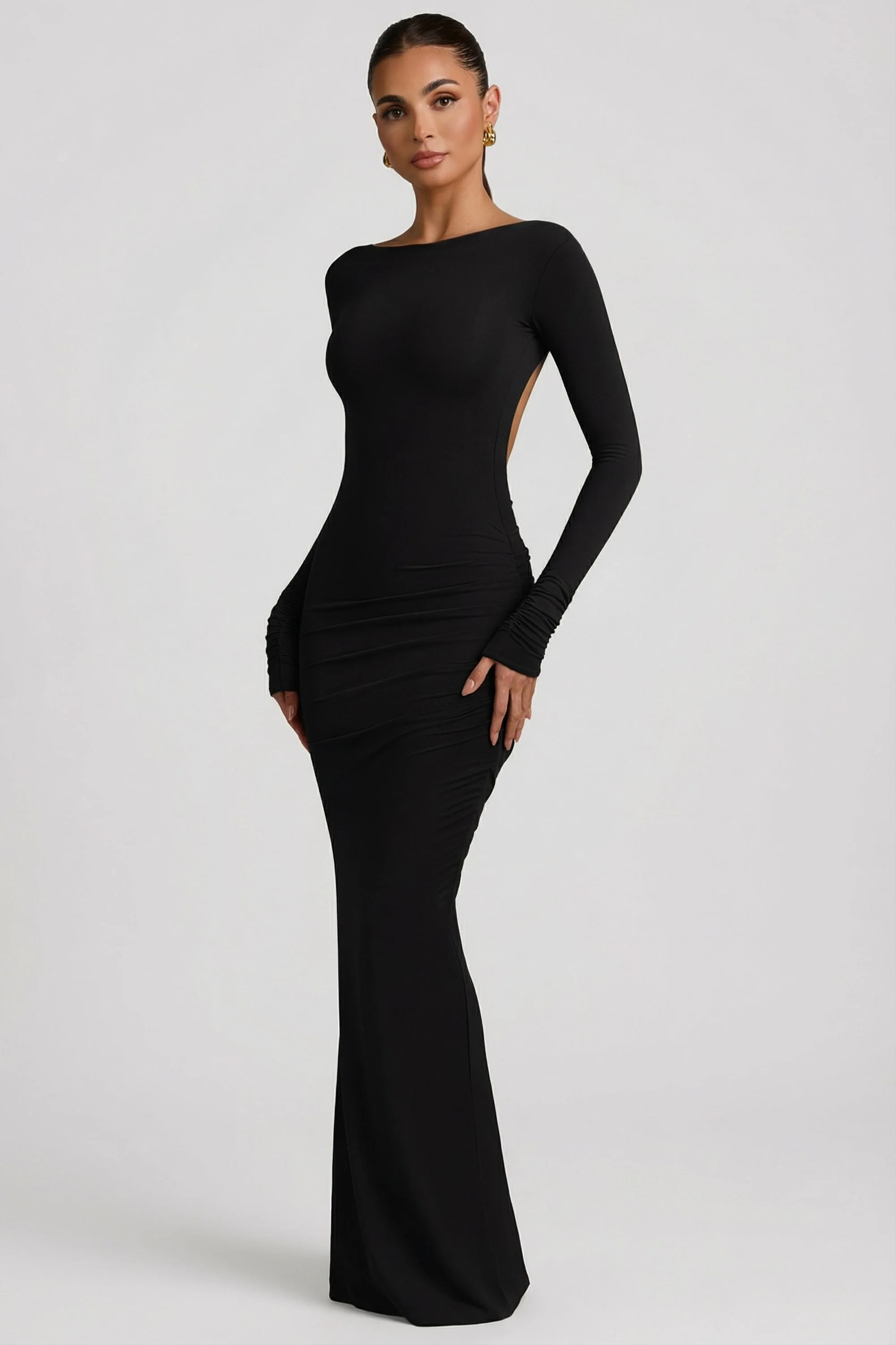Modal Ruched Backless Maxi Dress in Black | Oh Polly