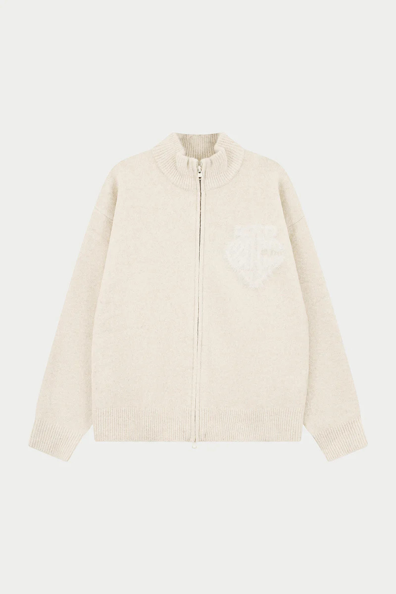 MONOGRAM FLUFFY KNIT ZIP THROUGH - BEIGE | The Couture Club