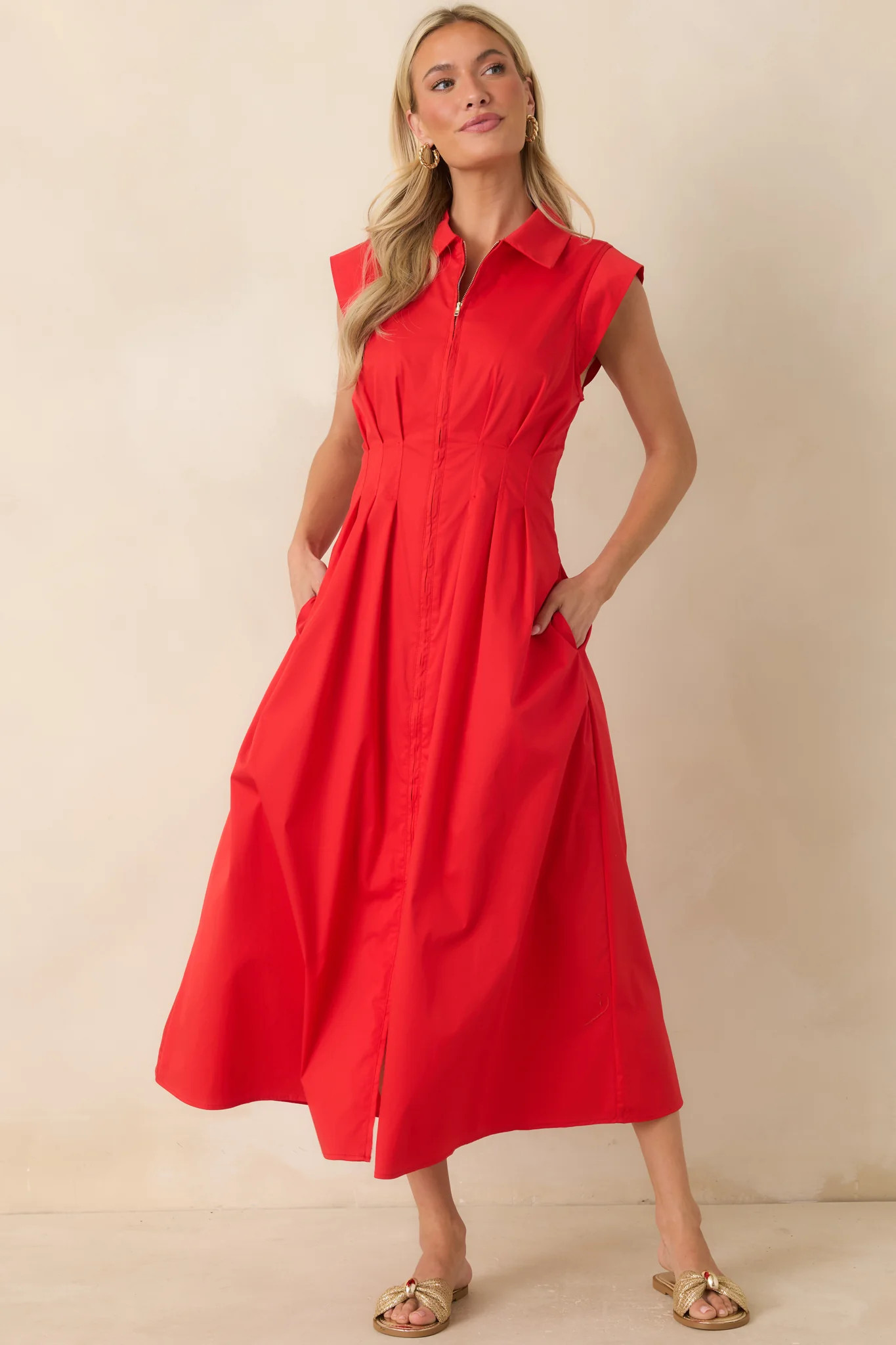 Meet Me Downtown Red Zip Front Midi Dress L / Red | Red Dress