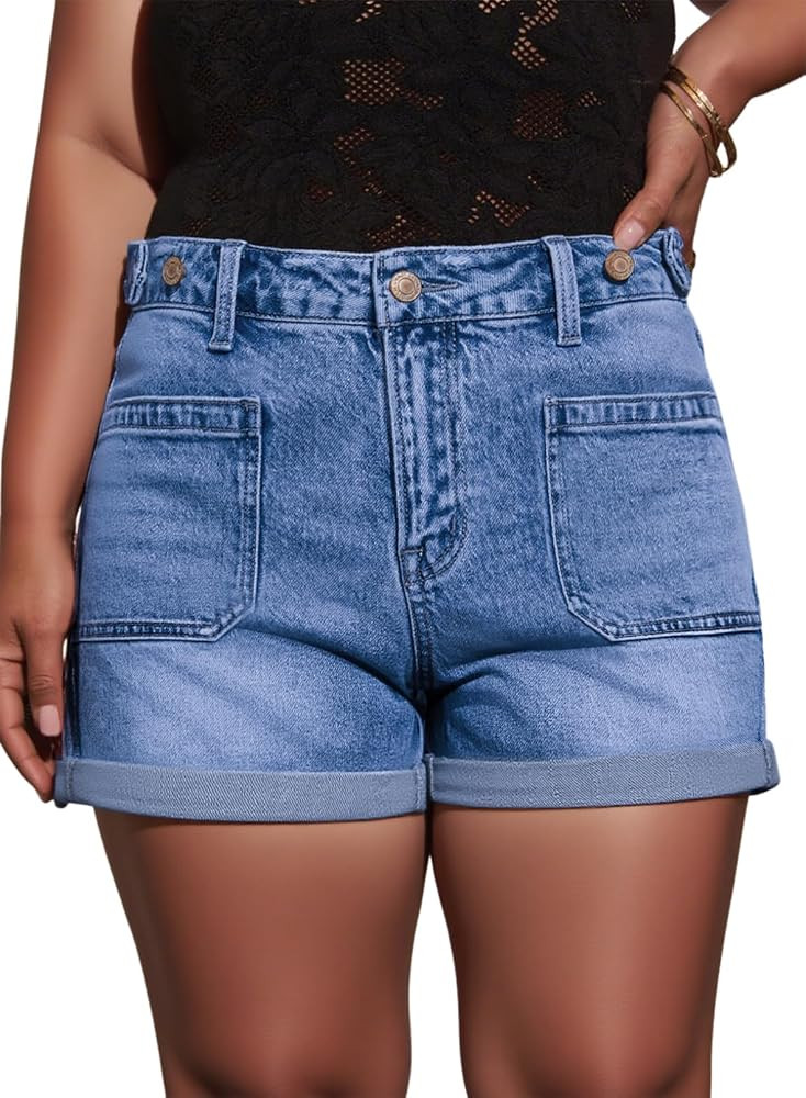 Eytino Women Plus Size Denim Shorts Trendy Stretch High Rise Rolled Hem Summer Casual Jean Shorts... | Amazon (US)