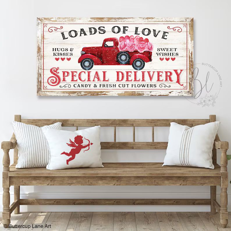 Loads of Love Truck Valentine's Day Sign, Farmhouse Wall Decor, Vintage Love Art Canvas Print, Ru... | Etsy (US)