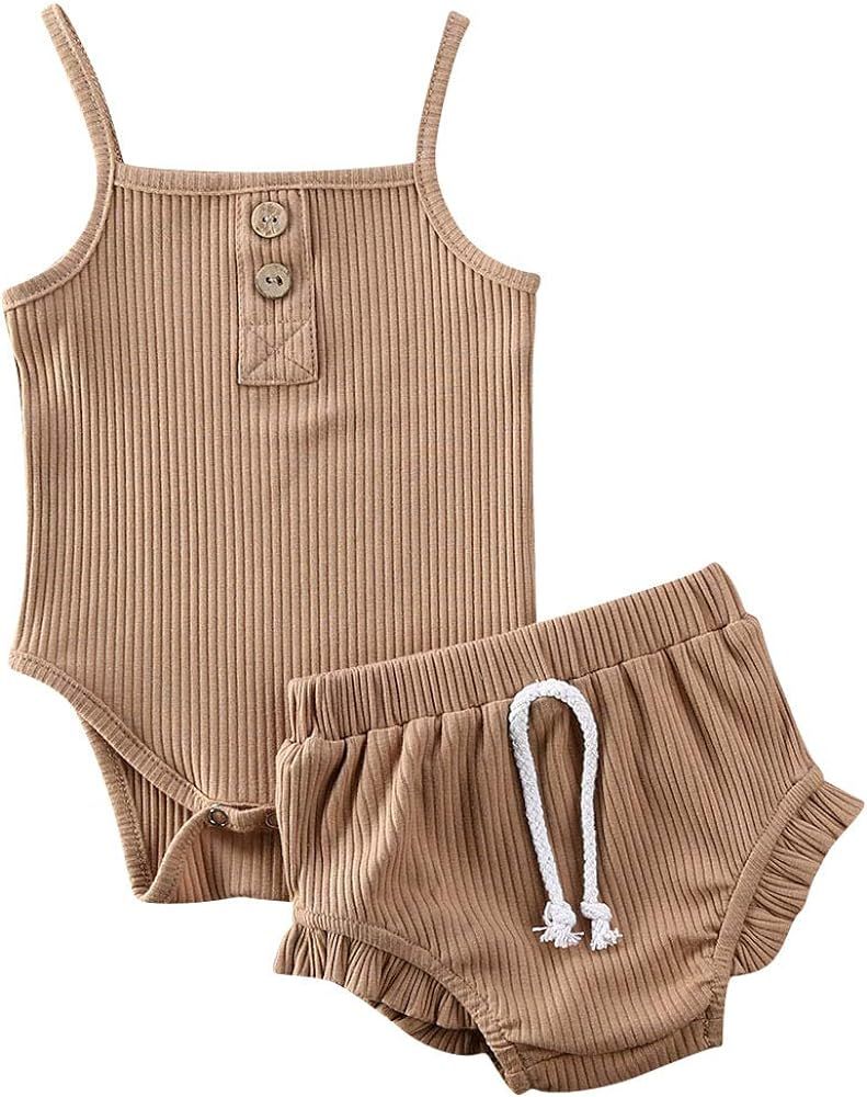 Newborn Baby Girl Summer Clothes Ruffle Sleeveless Ribbed Top Bloomers Shorts Set | Amazon (US)