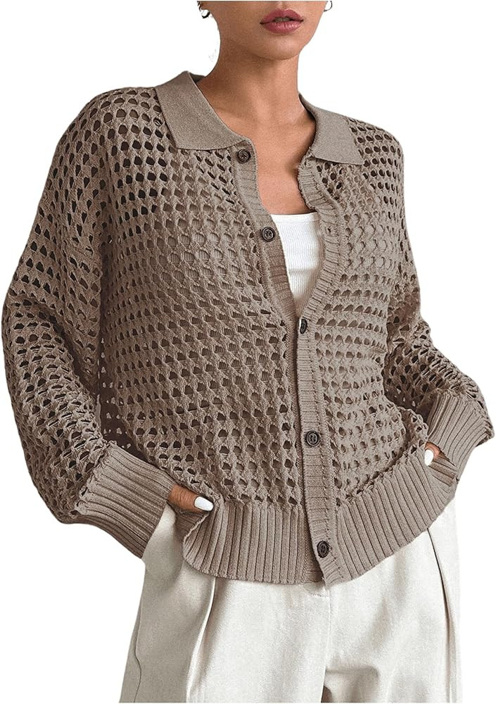 QWINEE Women's Crochet Cardigan Sweater Lightweight Cardigan Hollow Out Sweater Long Sleeve Butto... | Amazon (US)