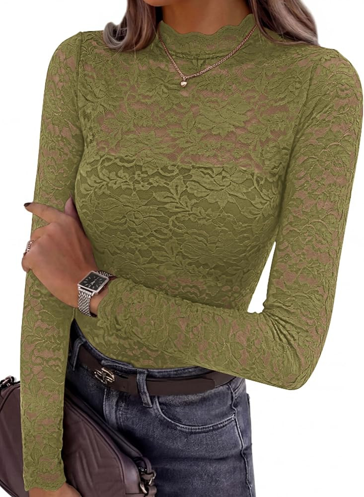 PRETTYGARDEN Womens Lace Long Sleeve Tops Sheer Mesh Blouse | Amazon (US)