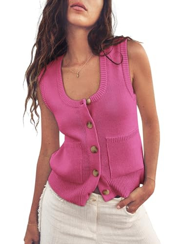 Pink Sweater Vest Ribbed Tank Top Sleeveless Sweater Tops for Women Spring Tops Button Up Shirt XL | Amazon (US)