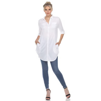 Women's Stretchy Button-Down Tunic White Small - White Mark | Target
