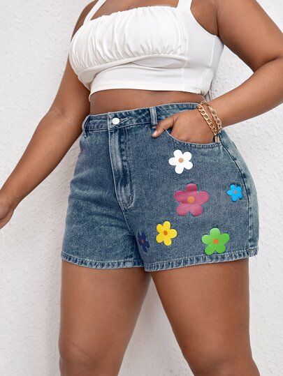 SHEIN SXY Plus High Waist Floral Print Denim Shorts | SHEIN