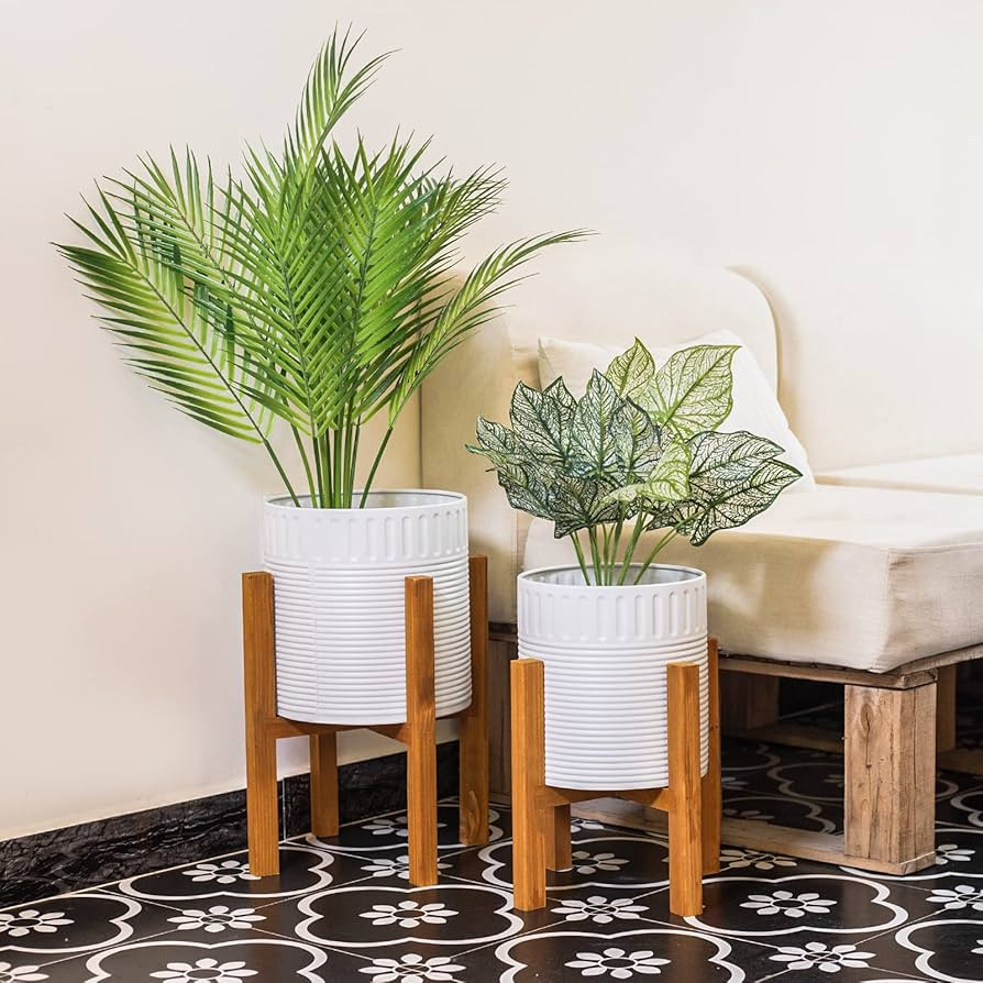 Chonsun Plant Pot with Stand, Set of 2 Planter with Stand White Planters for Indoor Mid Century M... | Amazon (US)